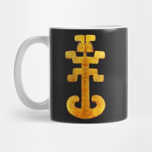 Digital Rendering of a Pre-Columbian Pendant in Gold Leaf on a Mola inspired Pattern Mug